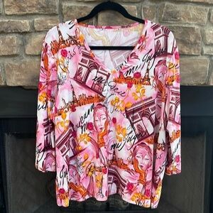 Pink, orange and yellow Paris themed v-neck blouse. Size XXL